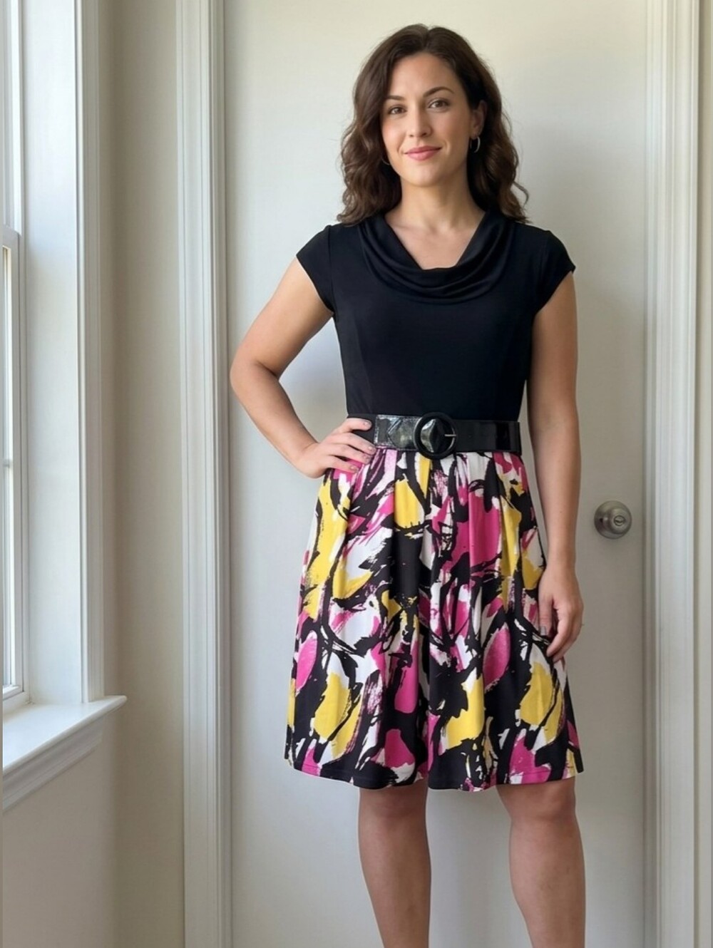AGB Black Cowl Neck Abstract Floral Belted A-Line Dress Size 4 NWOT